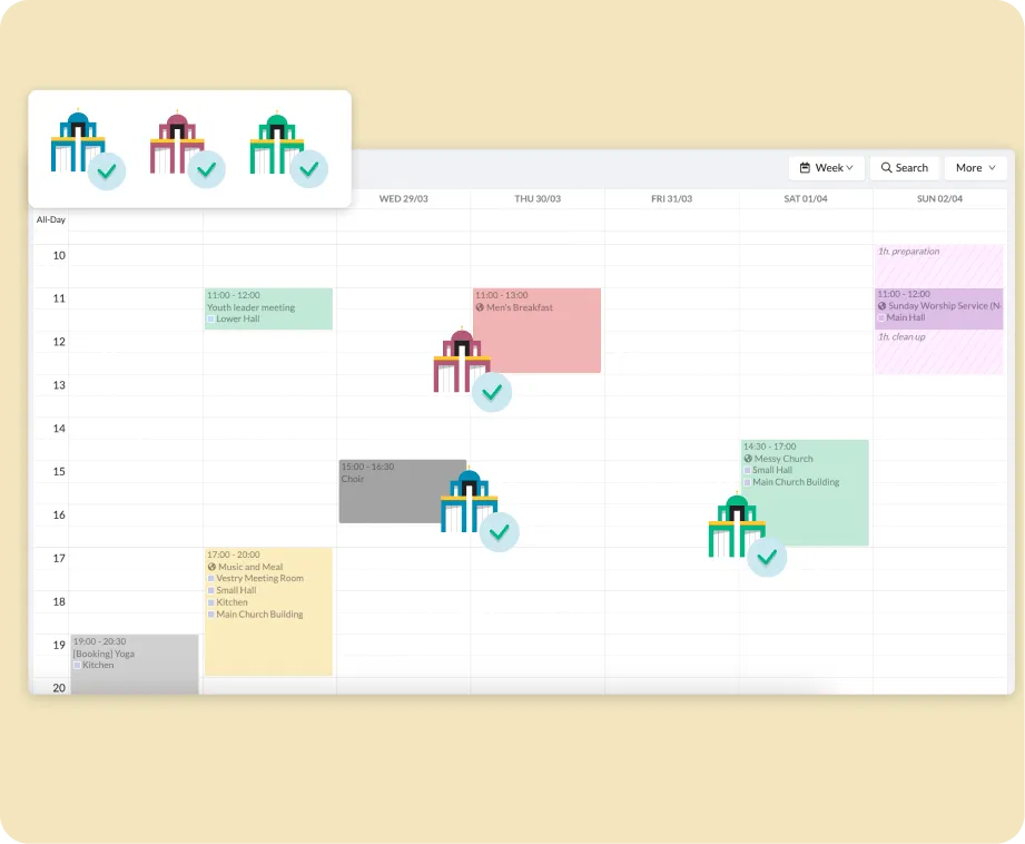 ChurchDesk Kalender med flere menigheter i én visning