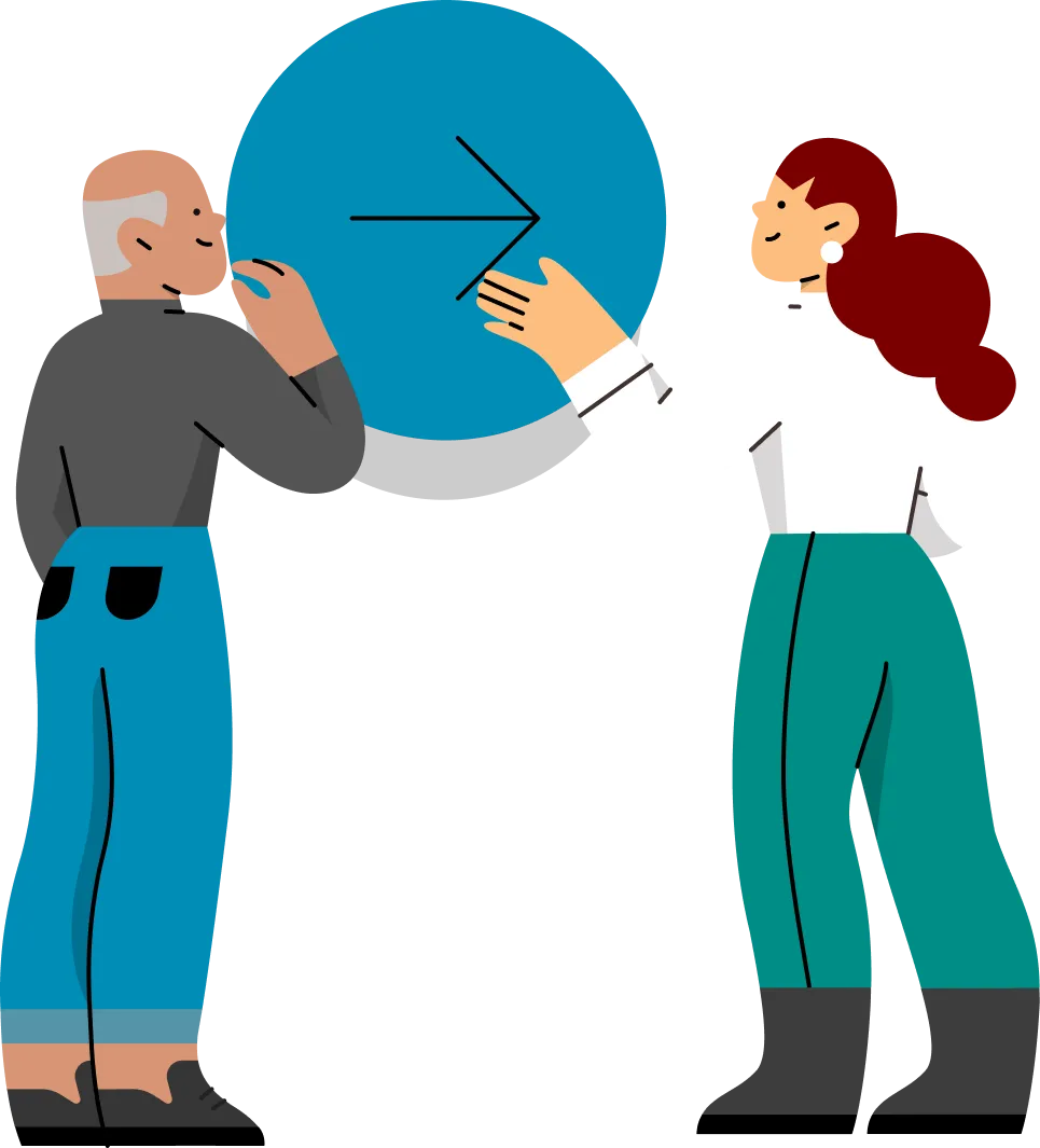 Man and woman standing in front of an arrow to the right