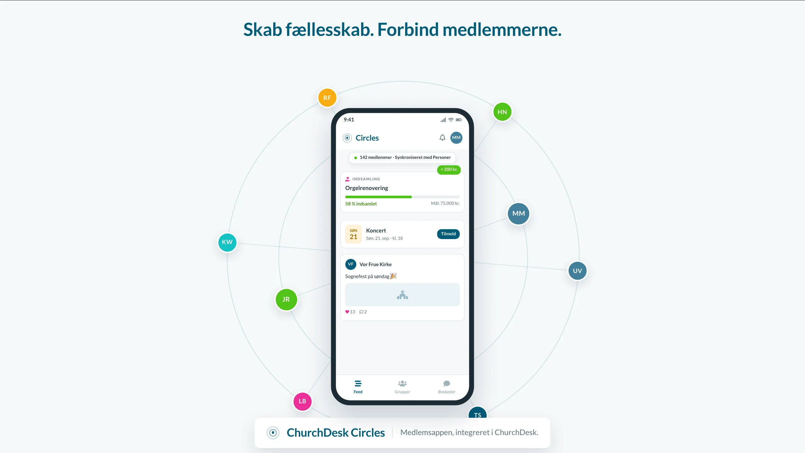 Stillbillede fra animationen: ChurchDesk Circles samler sognets nyheder, grupper og begivenheder i én app.