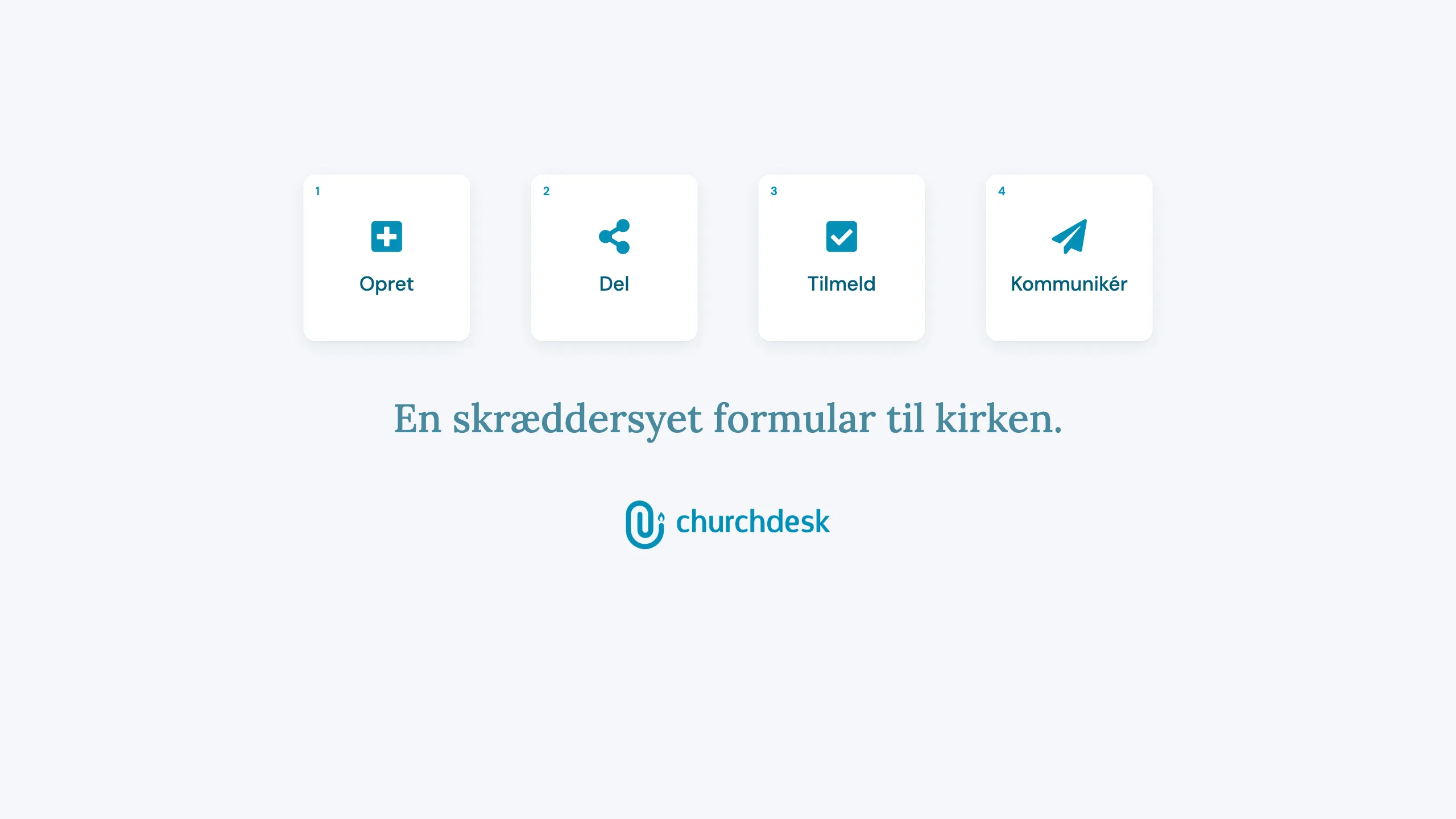 Stillbillede fra animationen: de fire trin Opret, Del, Tilmeld og Kommunikér over sætningen »En skræddersyet formular til kirken.«
