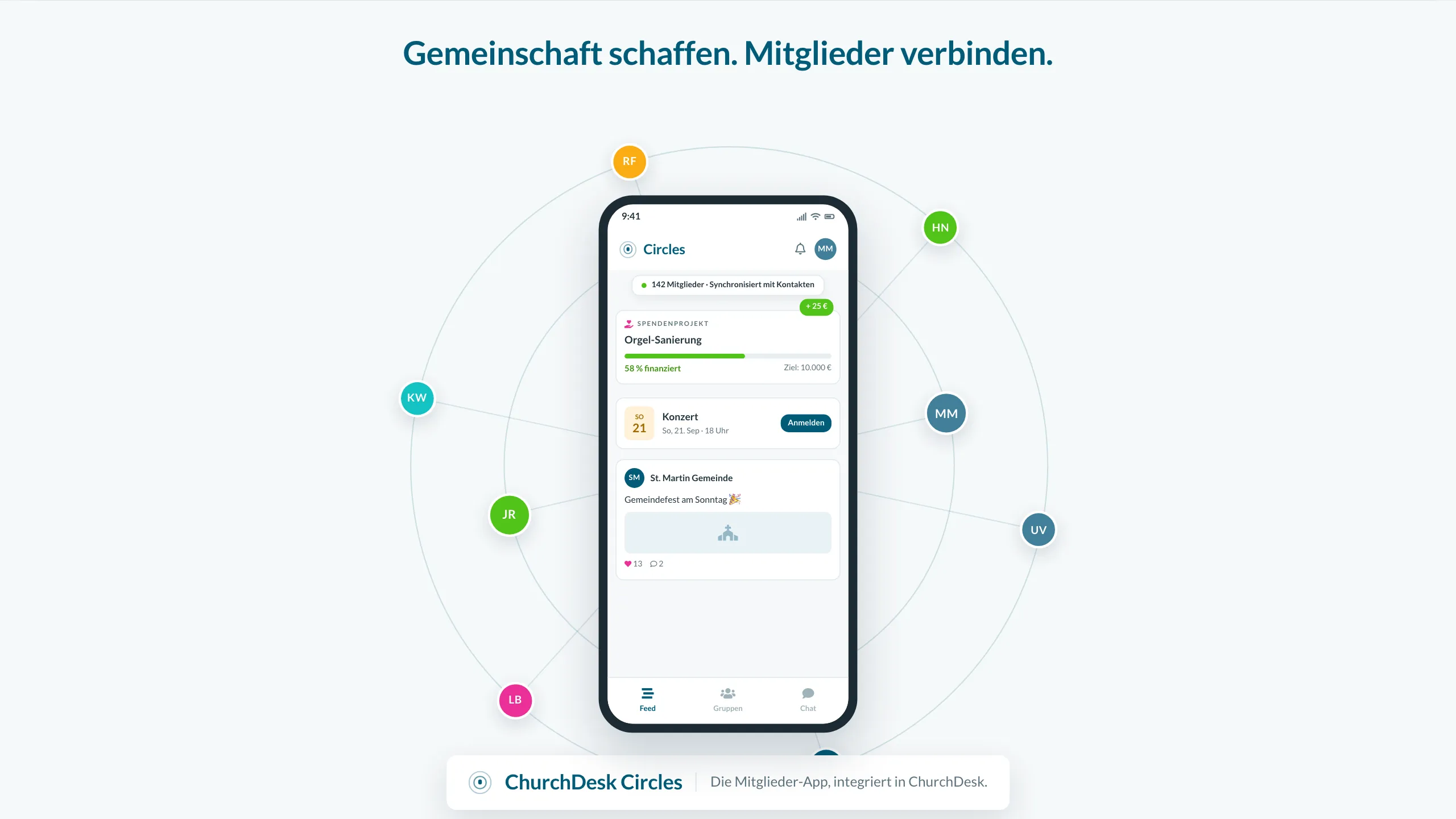 Standbild der Animation: ChurchDesk Circles bündelt Neuigkeiten, Gruppen und Termine der Gemeinde in einer App.