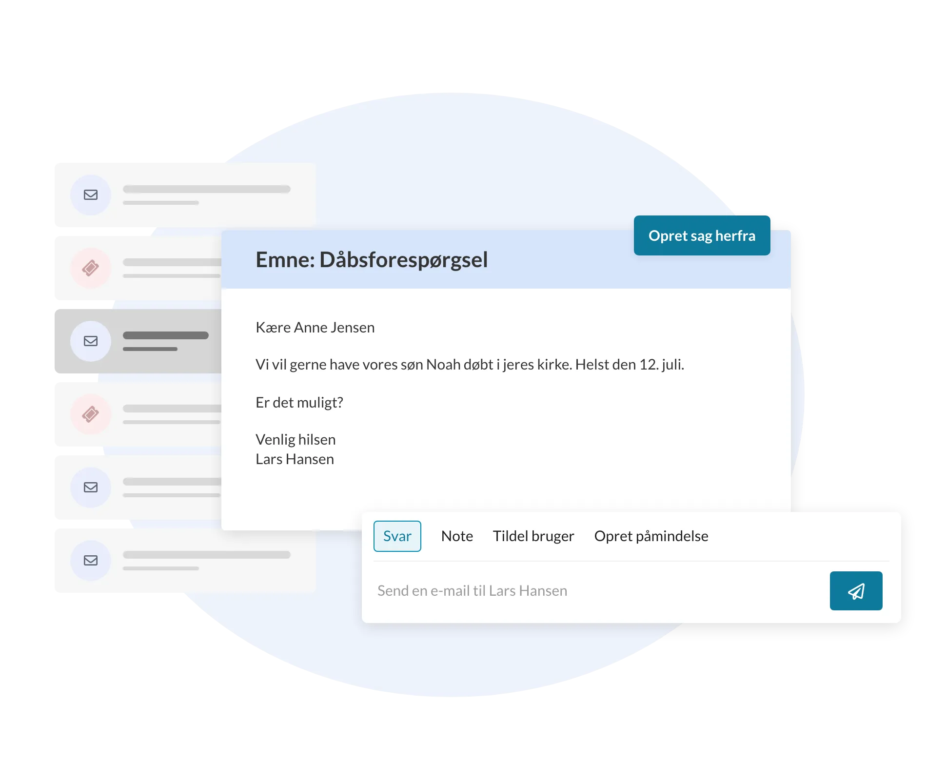 ChurchDesk Workflows: en dåbsforespørgsel i den delte indbakke, klar til at blive oprettet som en sag og besvaret