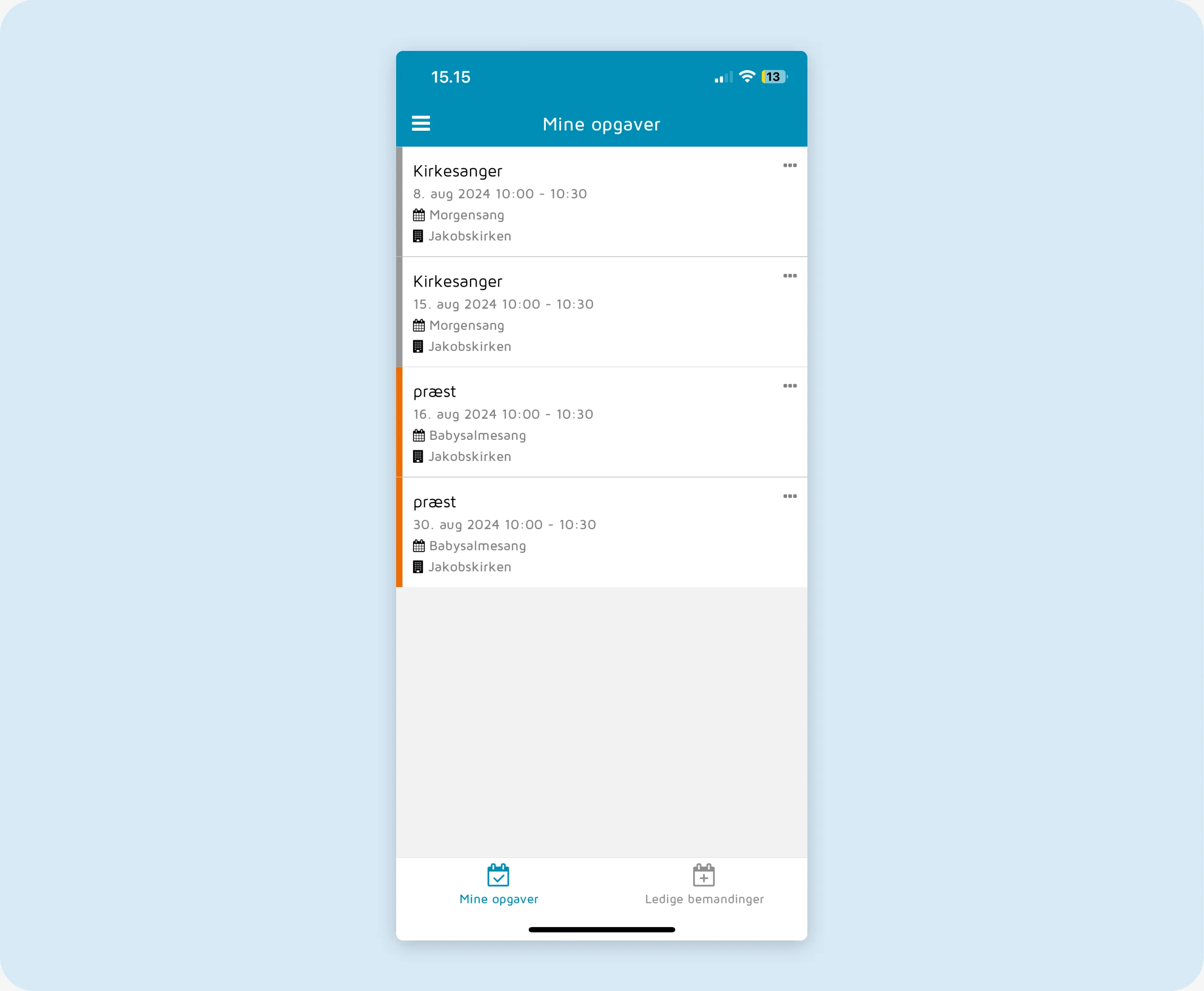 Overblik over kommende opgaver i ChurchDesk app’en