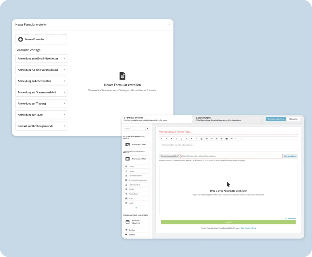 De ChurchDesk-formuliereditor met sjablonenlijst en een slepen-en-neerzetten-interface