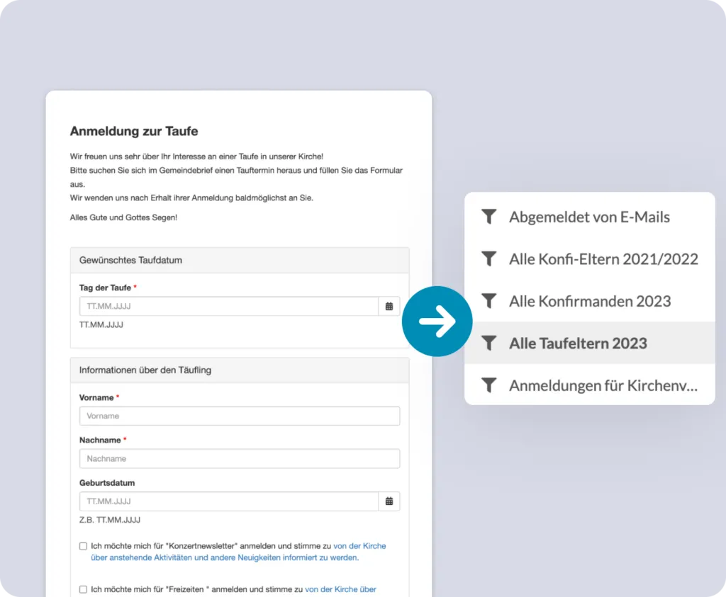 Een aanmelding voor de doop in ChurchDesk, die automatisch contactgroepen aanmaakt zoals 'Alle doopouders 2023'.