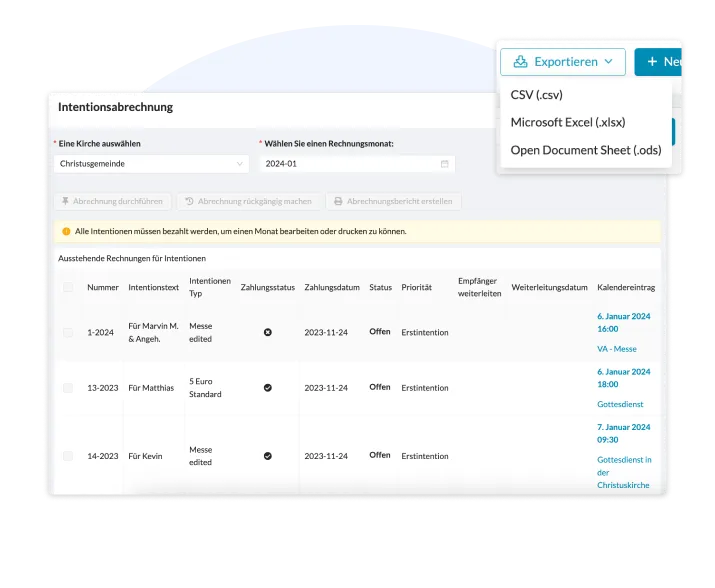 Weergave van de misintentie-afrekening in ChurchDesk met openstaande facturen, betaalstatus en exportopties