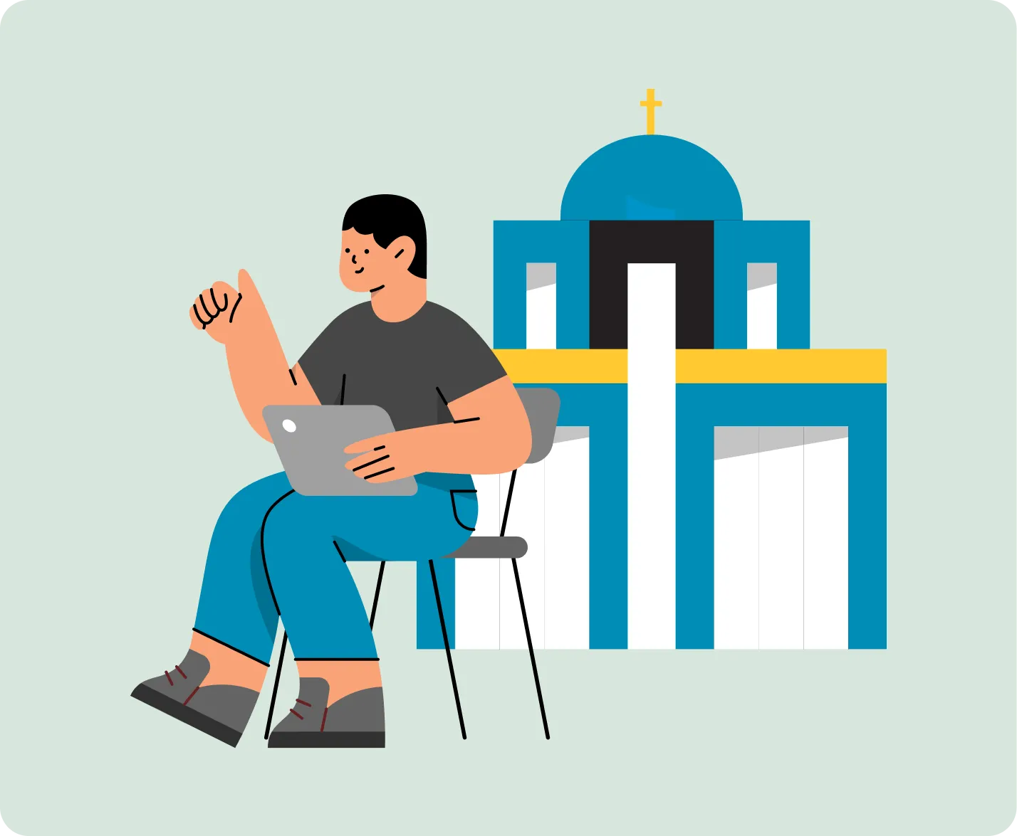 Illustration: Pfarrer mit Laptop vor einer Kirche
