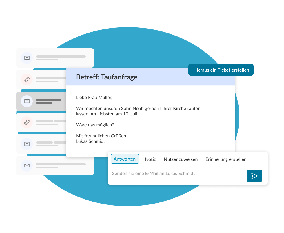 Een e-mail met een doopaanvraag in ChurchDesk, waarvan met één klik een taak wordt gemaakt en beantwoord